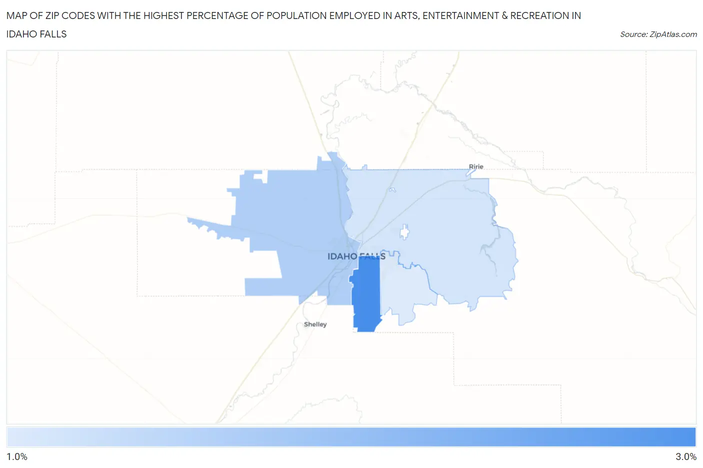 Zip Codes with the Highest Percentage of Population Employed in Arts, Entertainment & Recreation in Idaho Falls Map