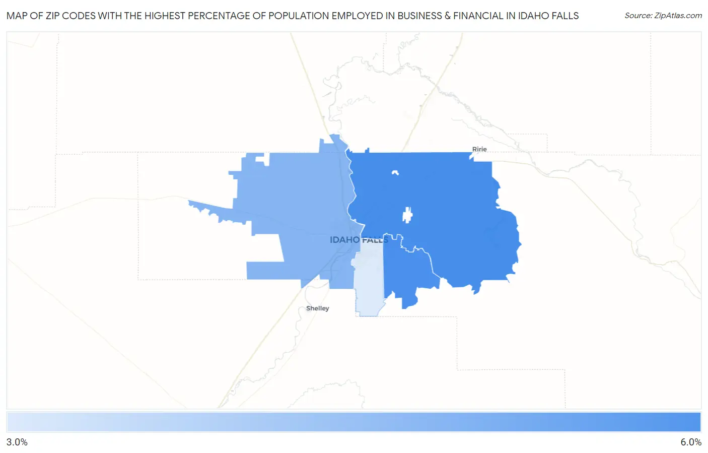 Zip Codes with the Highest Percentage of Population Employed in Business & Financial in Idaho Falls Map