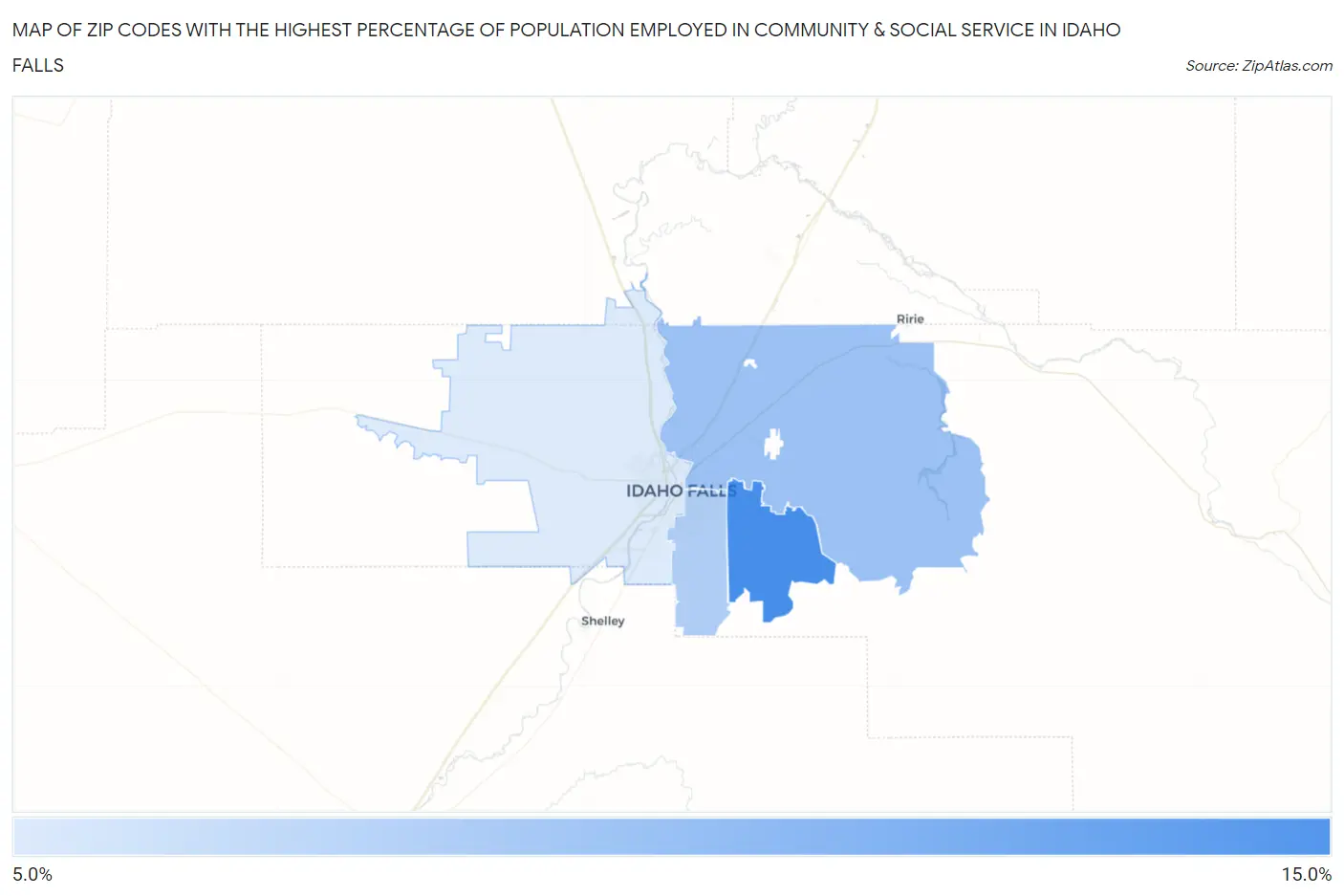 Zip Codes with the Highest Percentage of Population Employed in Community & Social Service  in Idaho Falls Map