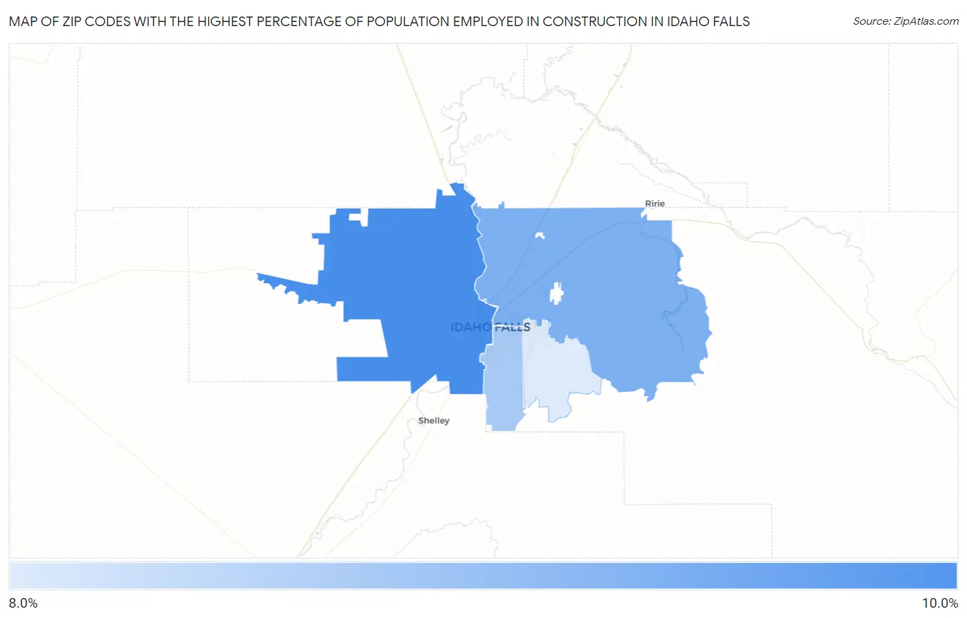 Zip Codes with the Highest Percentage of Population Employed in Construction in Idaho Falls Map