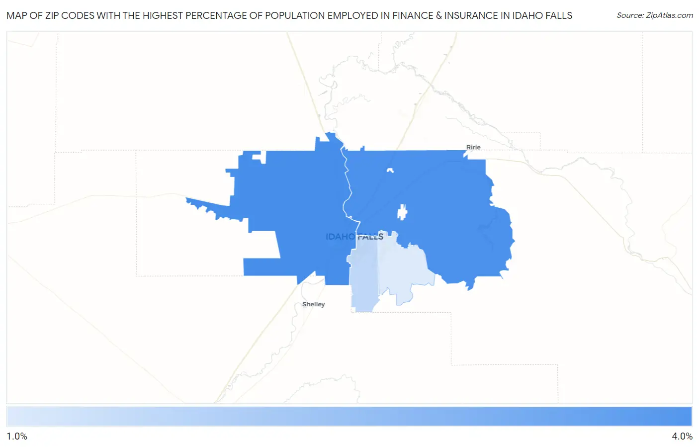 Zip Codes with the Highest Percentage of Population Employed in Finance & Insurance in Idaho Falls Map