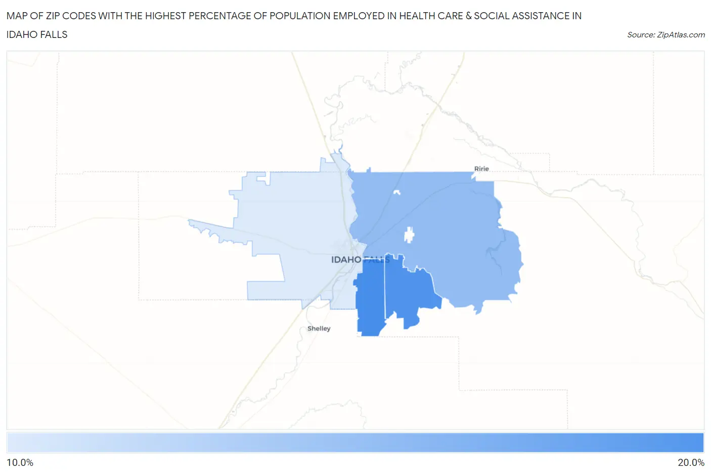 Zip Codes with the Highest Percentage of Population Employed in Health Care & Social Assistance in Idaho Falls Map