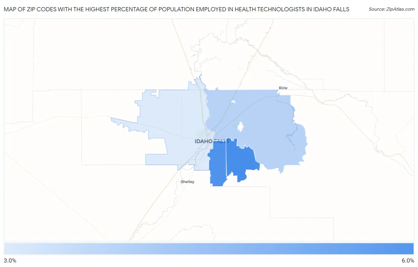 Zip Codes with the Highest Percentage of Population Employed in Health Technologists in Idaho Falls Map