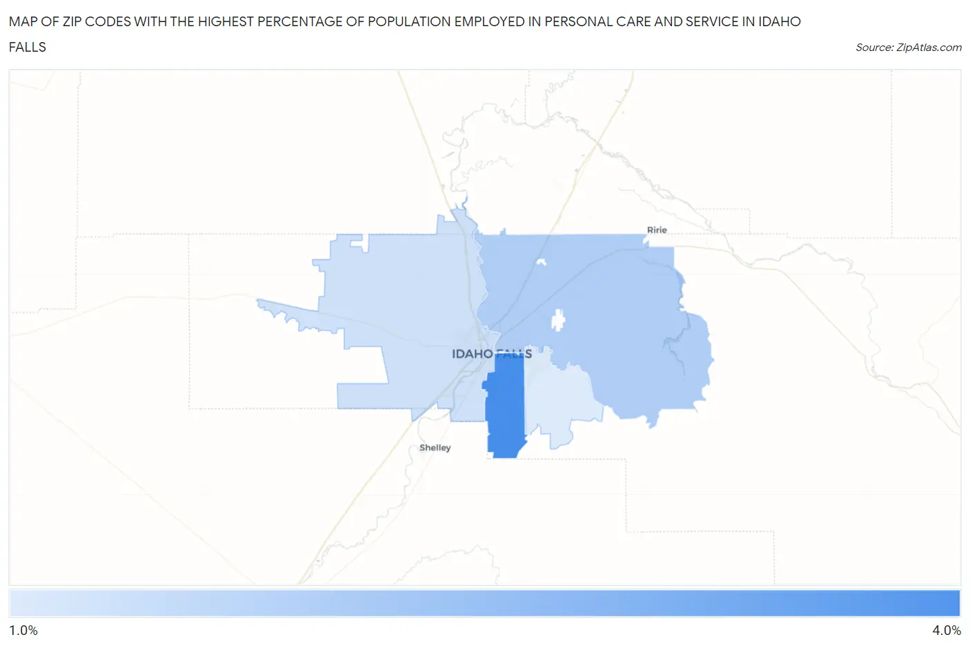 Zip Codes with the Highest Percentage of Population Employed in Personal Care and Service in Idaho Falls Map