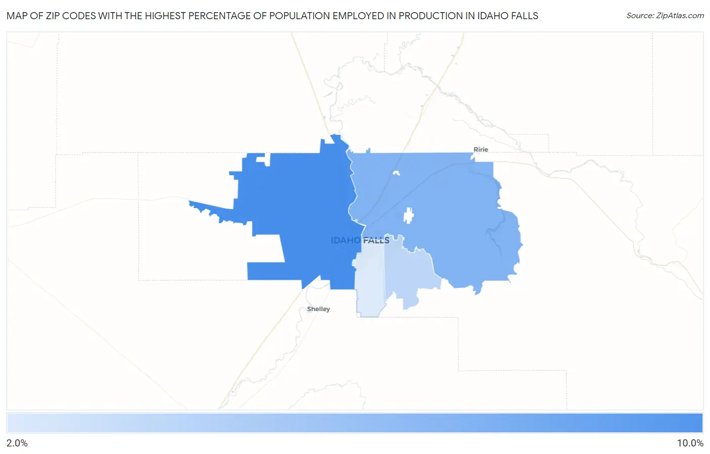 Zip Codes with the Highest Percentage of Population Employed in Production in Idaho Falls Map