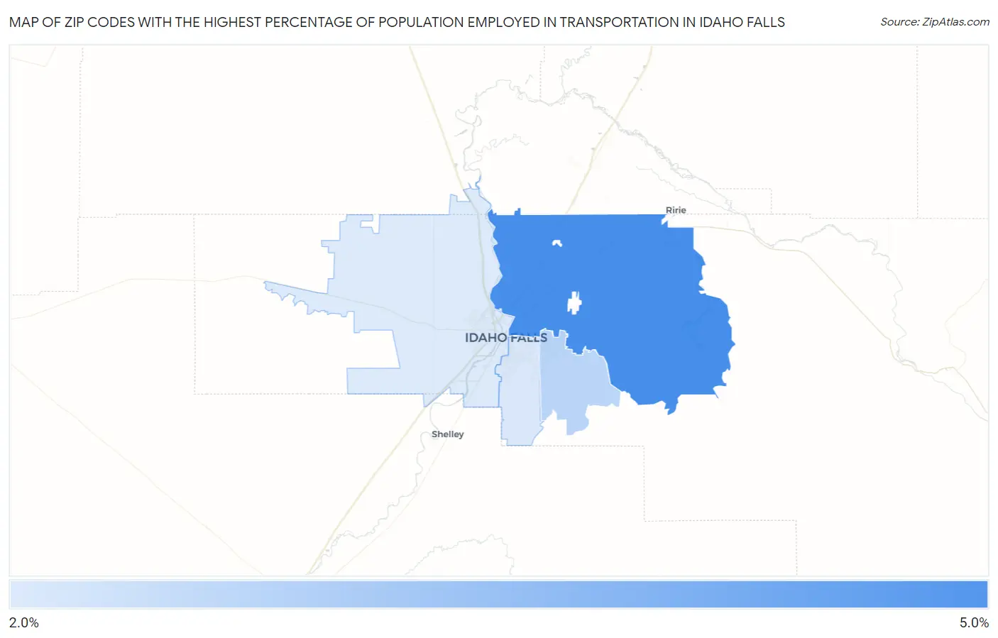 Zip Codes with the Highest Percentage of Population Employed in Transportation in Idaho Falls Map