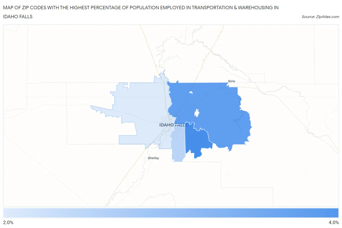 Zip Codes with the Highest Percentage of Population Employed in Transportation & Warehousing in Idaho Falls Map