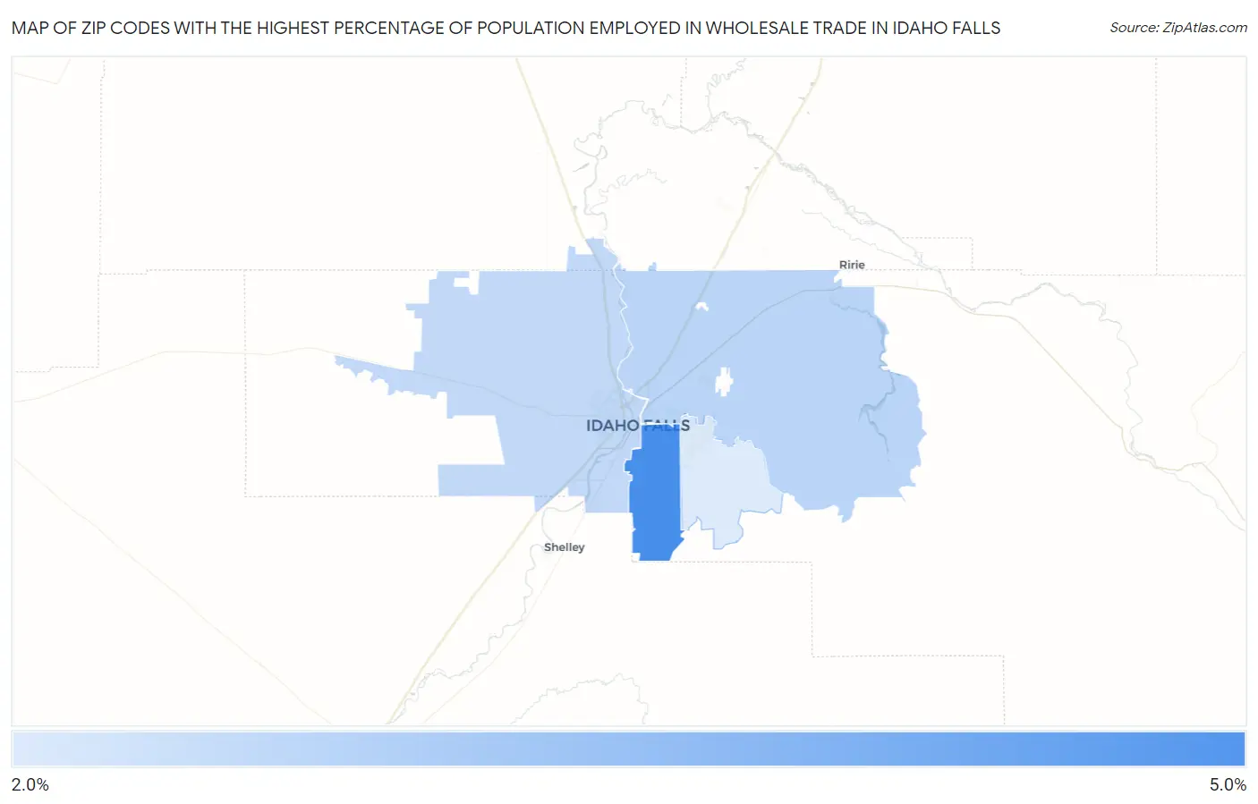 Zip Codes with the Highest Percentage of Population Employed in Wholesale Trade in Idaho Falls Map