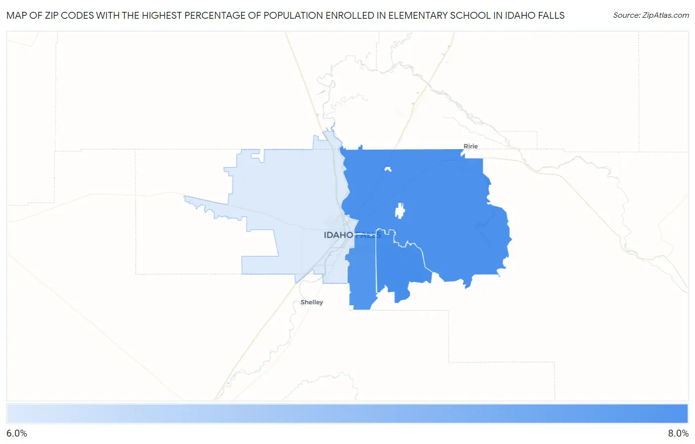 Zip Codes with the Highest Percentage of Population Enrolled in Elementary School in Idaho Falls Map