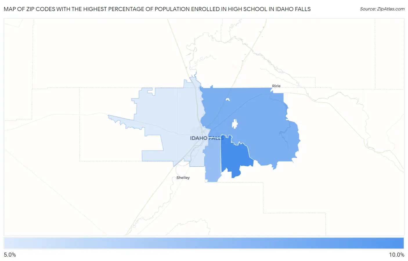 Zip Codes with the Highest Percentage of Population Enrolled in High School in Idaho Falls Map