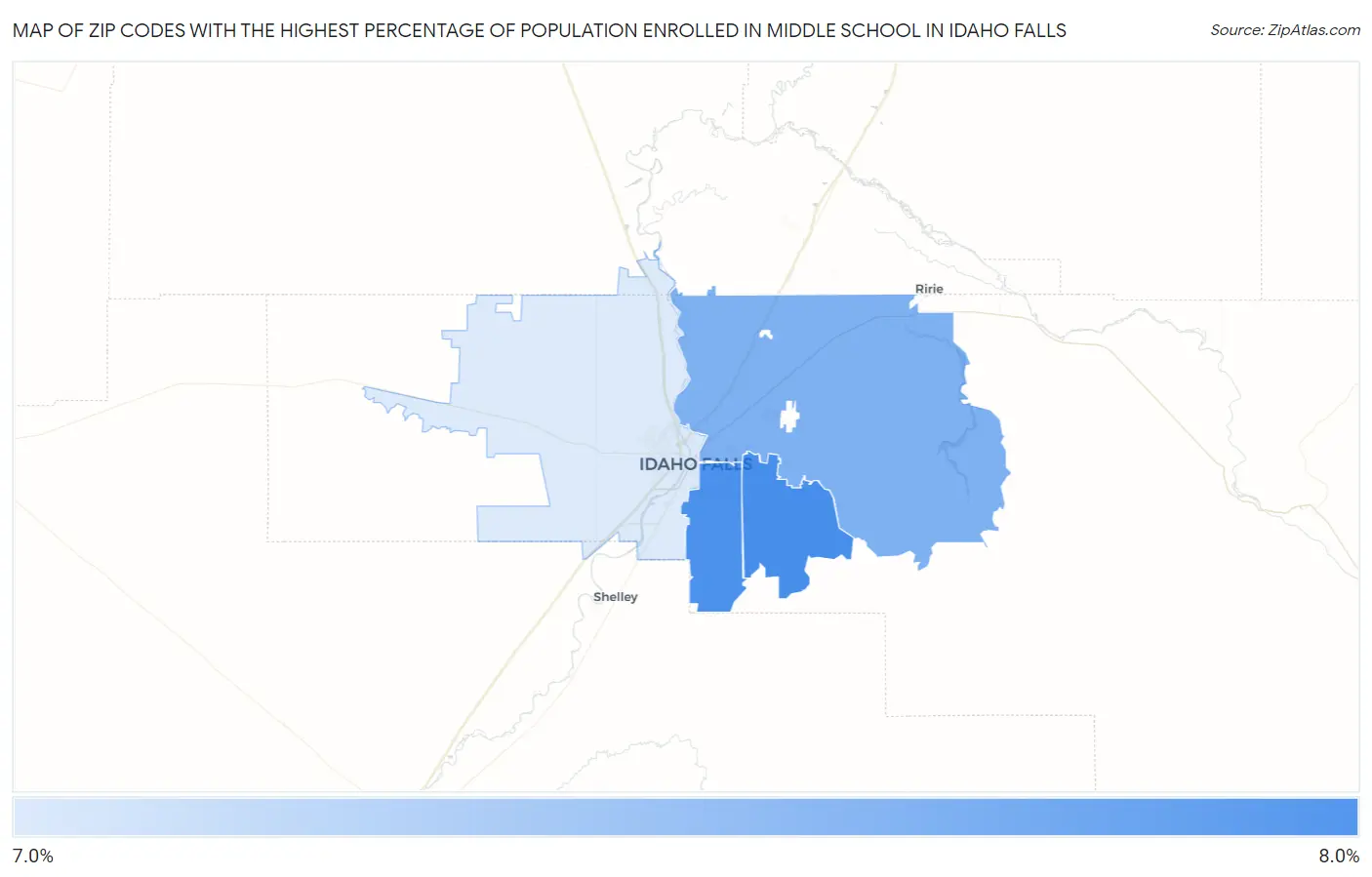 Zip Codes with the Highest Percentage of Population Enrolled in Middle School in Idaho Falls Map