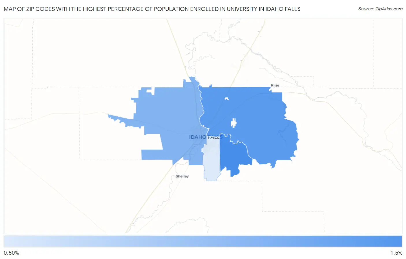 Zip Codes with the Highest Percentage of Population Enrolled in University in Idaho Falls Map