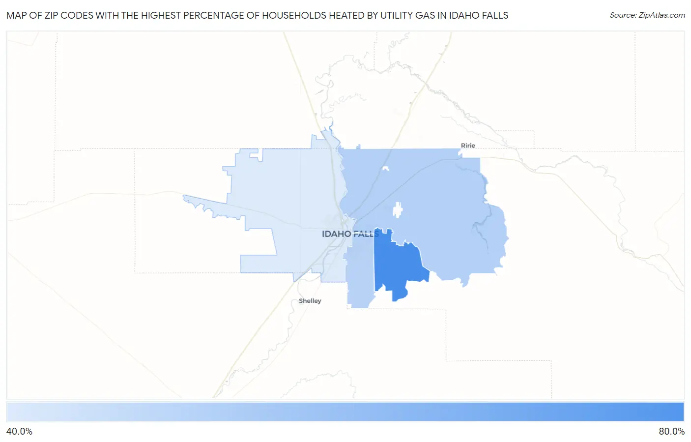 Zip Codes with the Highest Percentage of Households Heated by Utility Gas in Idaho Falls Map