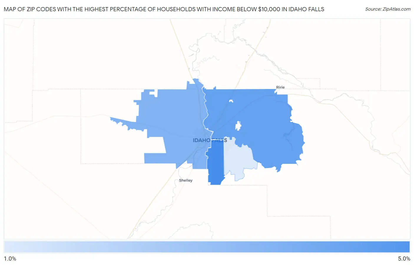 Zip Codes with the Highest Percentage of Households with Income Below $10,000 in Idaho Falls Map