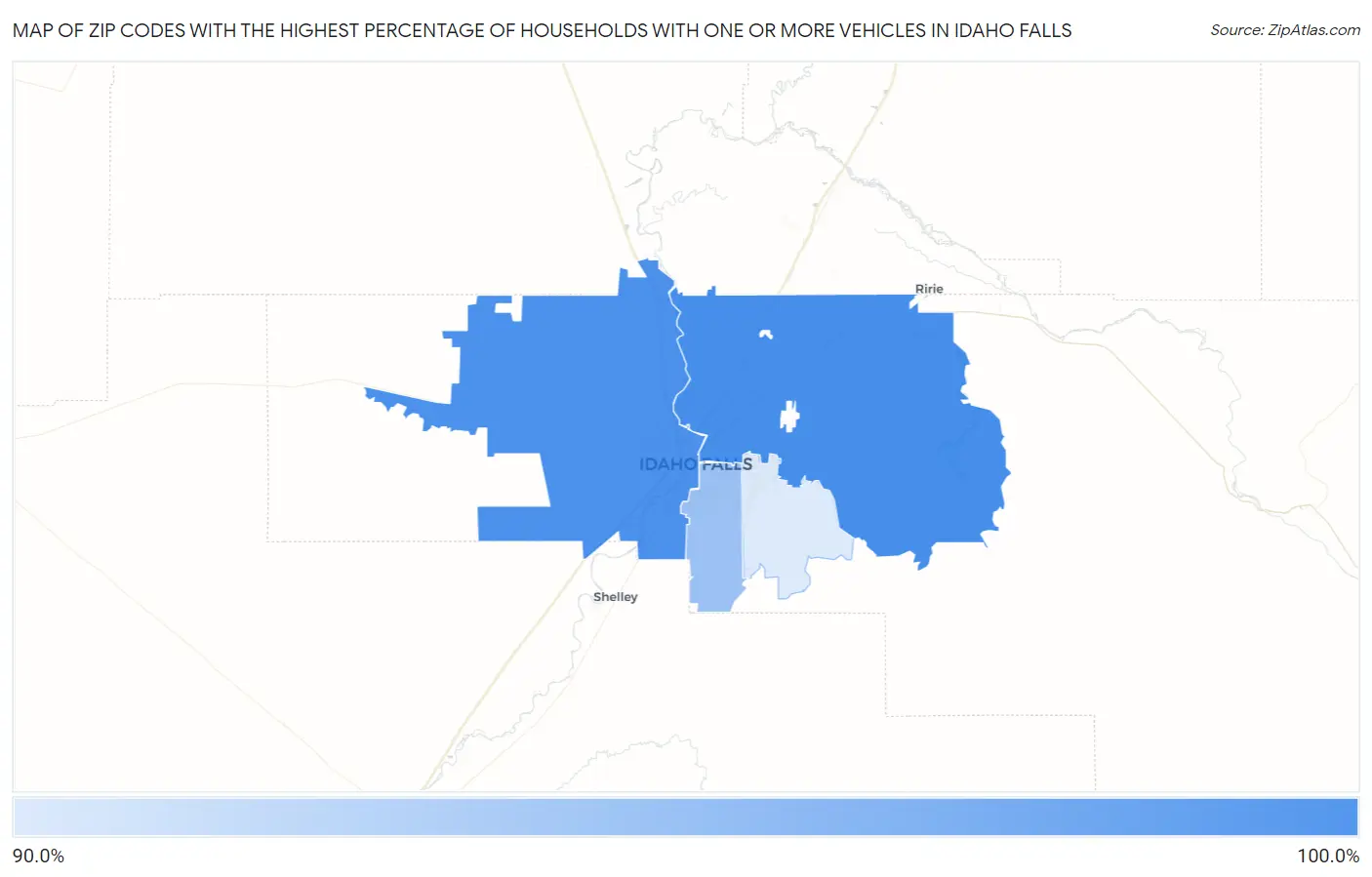 Zip Codes with the Highest Percentage of Households With One or more Vehicles in Idaho Falls Map