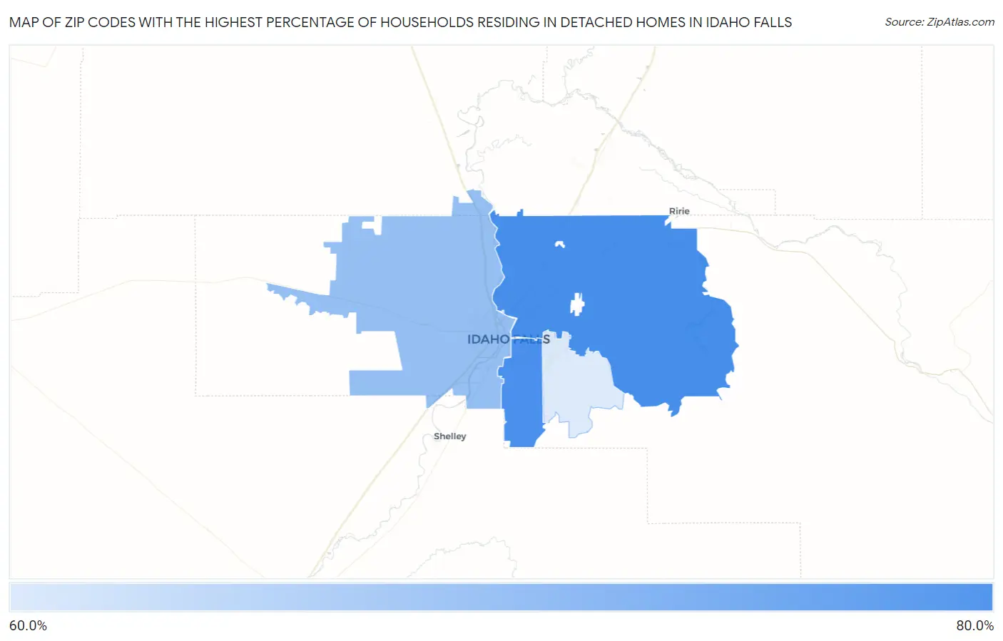 Zip Codes with the Highest Percentage of Households Residing in Detached Homes in Idaho Falls Map
