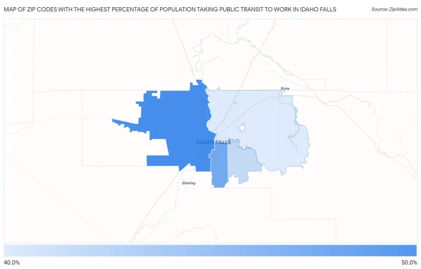 Zip Codes with the Highest Percentage of Population Taking Public Transit to Work in Idaho Falls Map