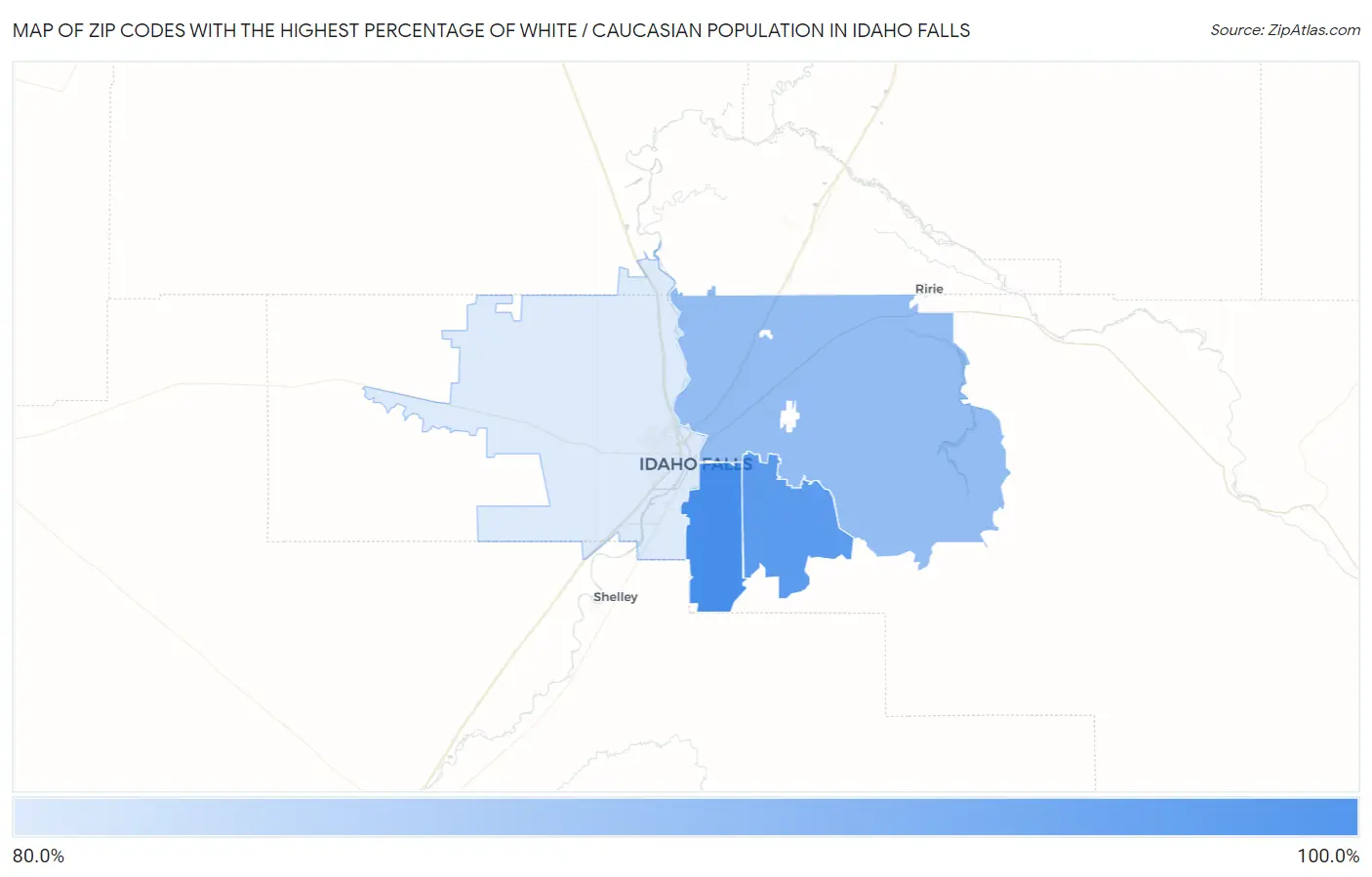 Zip Codes with the Highest Percentage of White / Caucasian Population in Idaho Falls Map