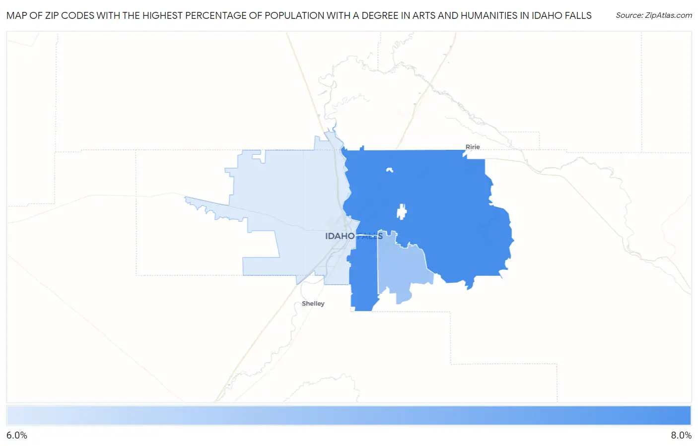 Zip Codes with the Highest Percentage of Population with a Degree in Arts and Humanities in Idaho Falls Map