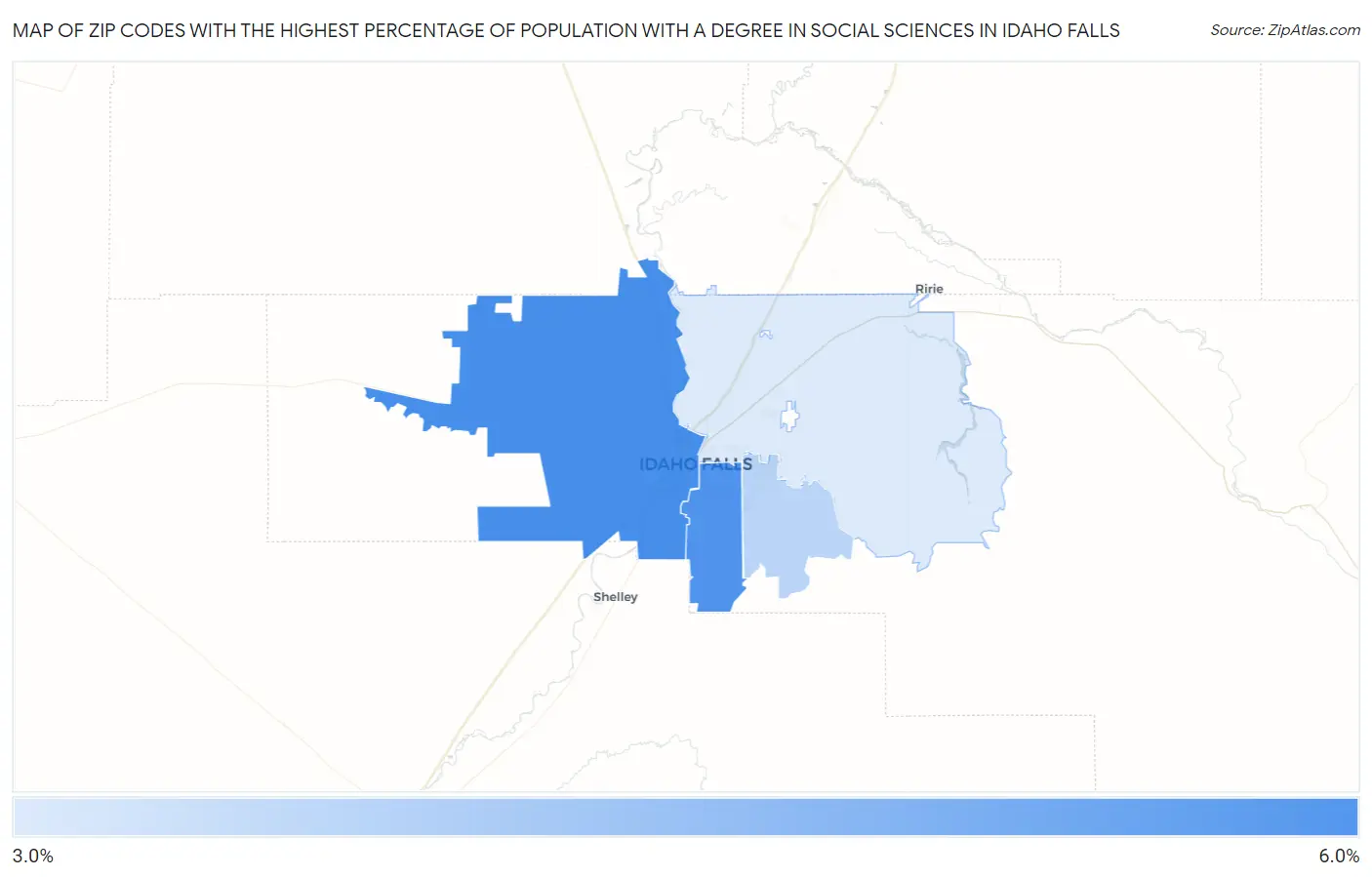 Zip Codes with the Highest Percentage of Population with a Degree in Social Sciences in Idaho Falls Map