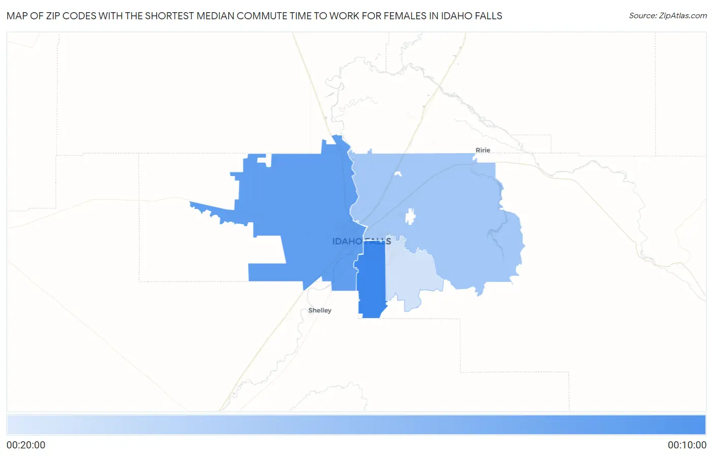 Zip Codes with the Shortest Median Commute Time to Work for Females in Idaho Falls Map
