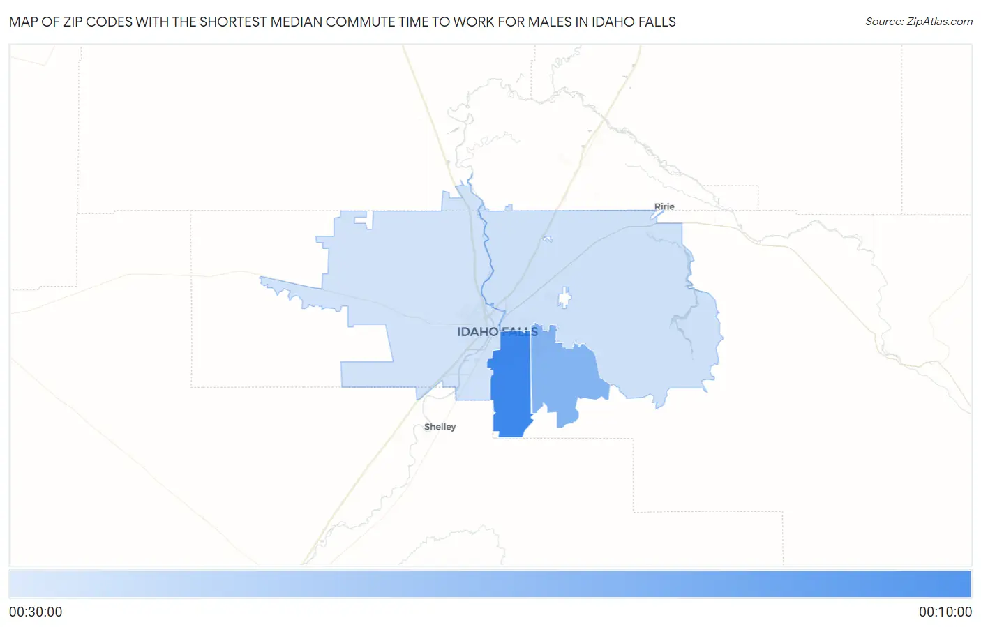 Zip Codes with the Shortest Median Commute Time to Work for Males in Idaho Falls Map