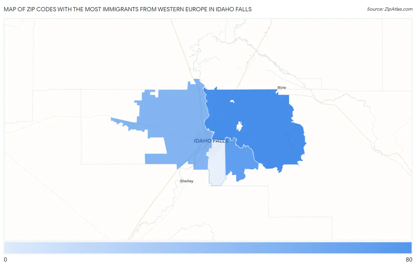 Zip Codes with the Most Immigrants from Western Europe in Idaho Falls Map