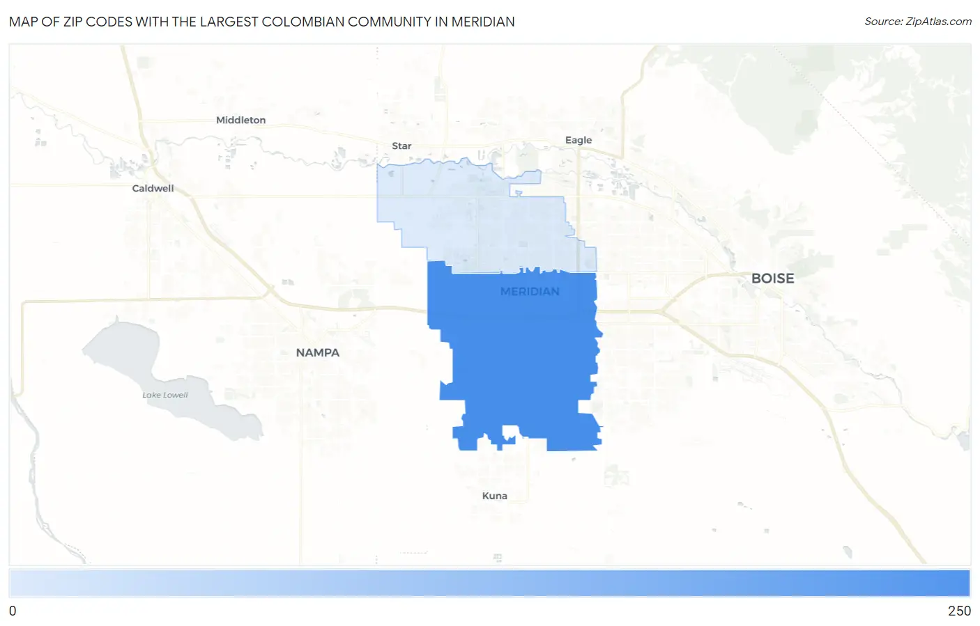 Zip Codes with the Largest Colombian Community in Meridian Map