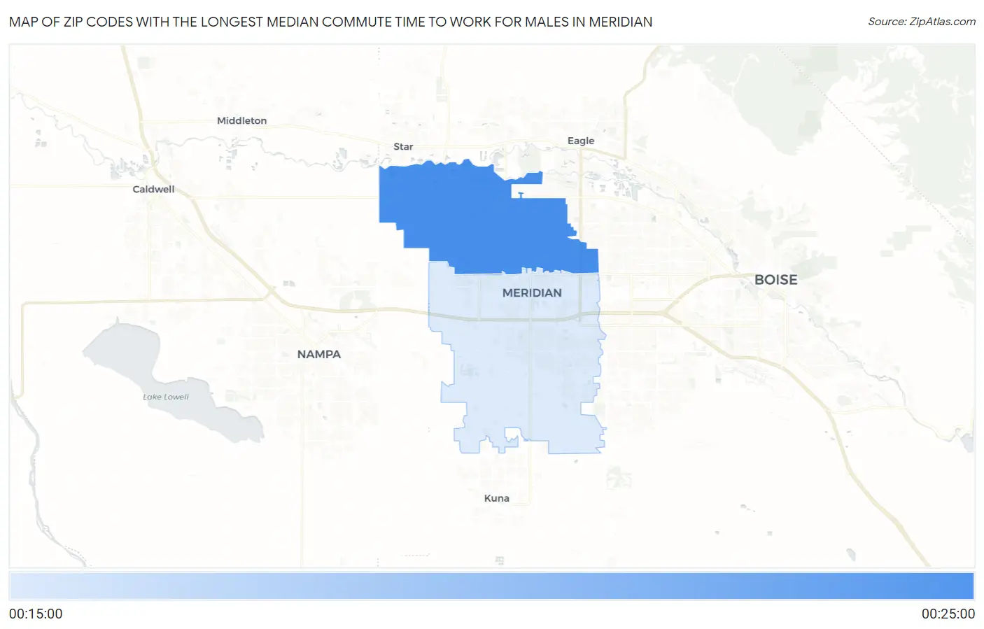 Zip Codes with the Longest Median Commute Time to Work for Males in Meridian Map