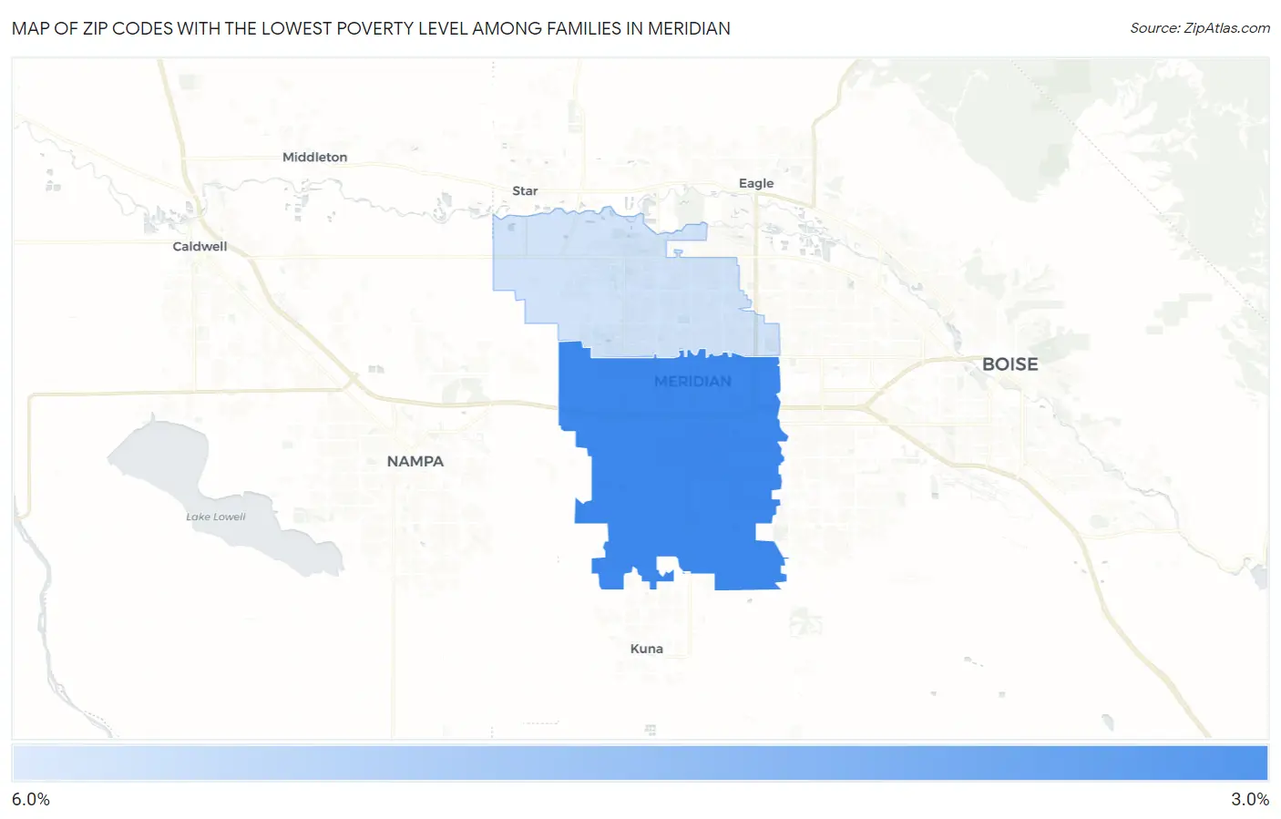 Zip Codes with the Lowest Poverty Level Among Families in Meridian Map