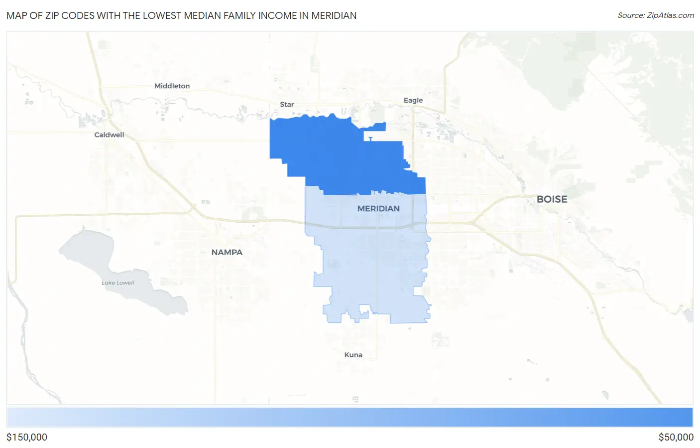 Zip Codes with the Lowest Median Family Income in Meridian Map