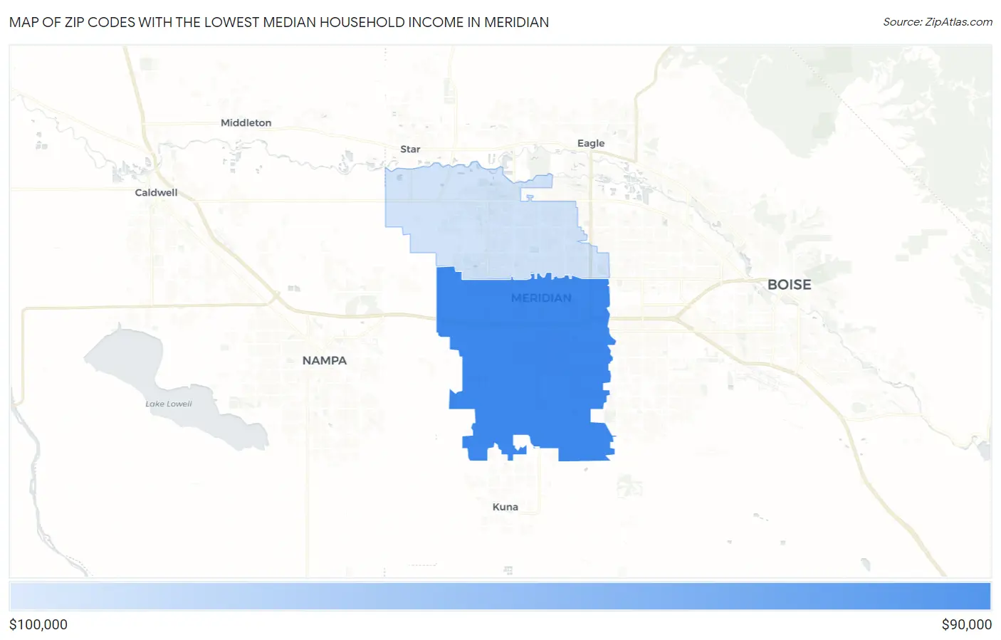 Zip Codes with the Lowest Median Household Income in Meridian Map