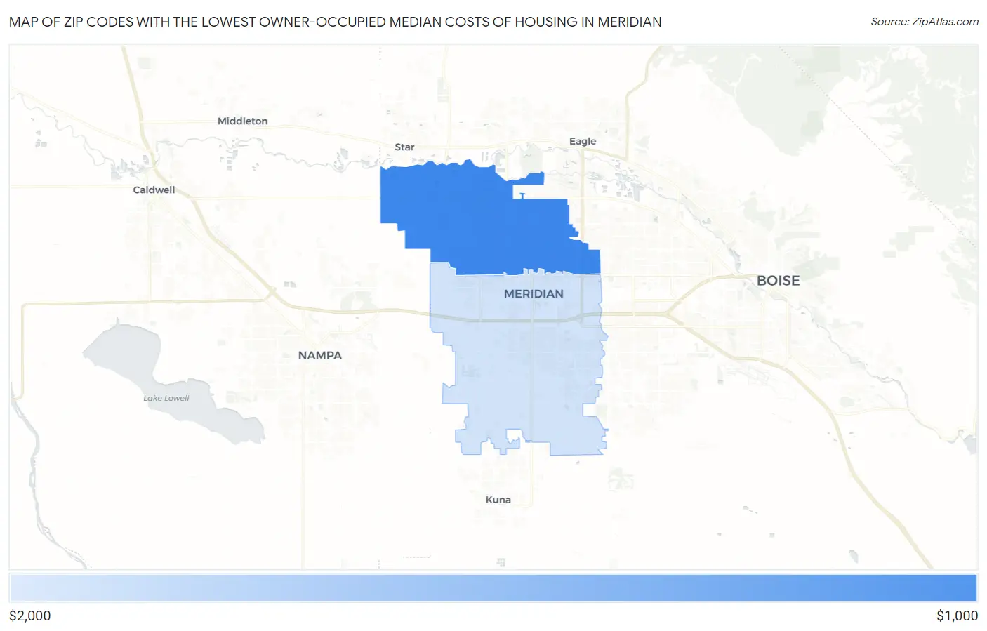 Zip Codes with the Lowest Owner-Occupied Median Costs of Housing in Meridian Map