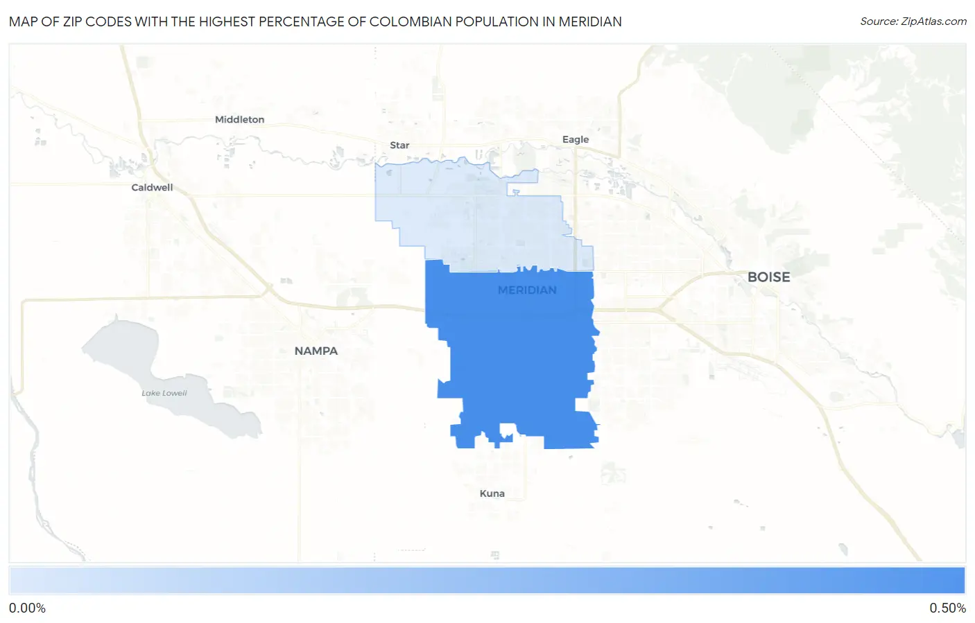 Zip Codes with the Highest Percentage of Colombian Population in Meridian Map