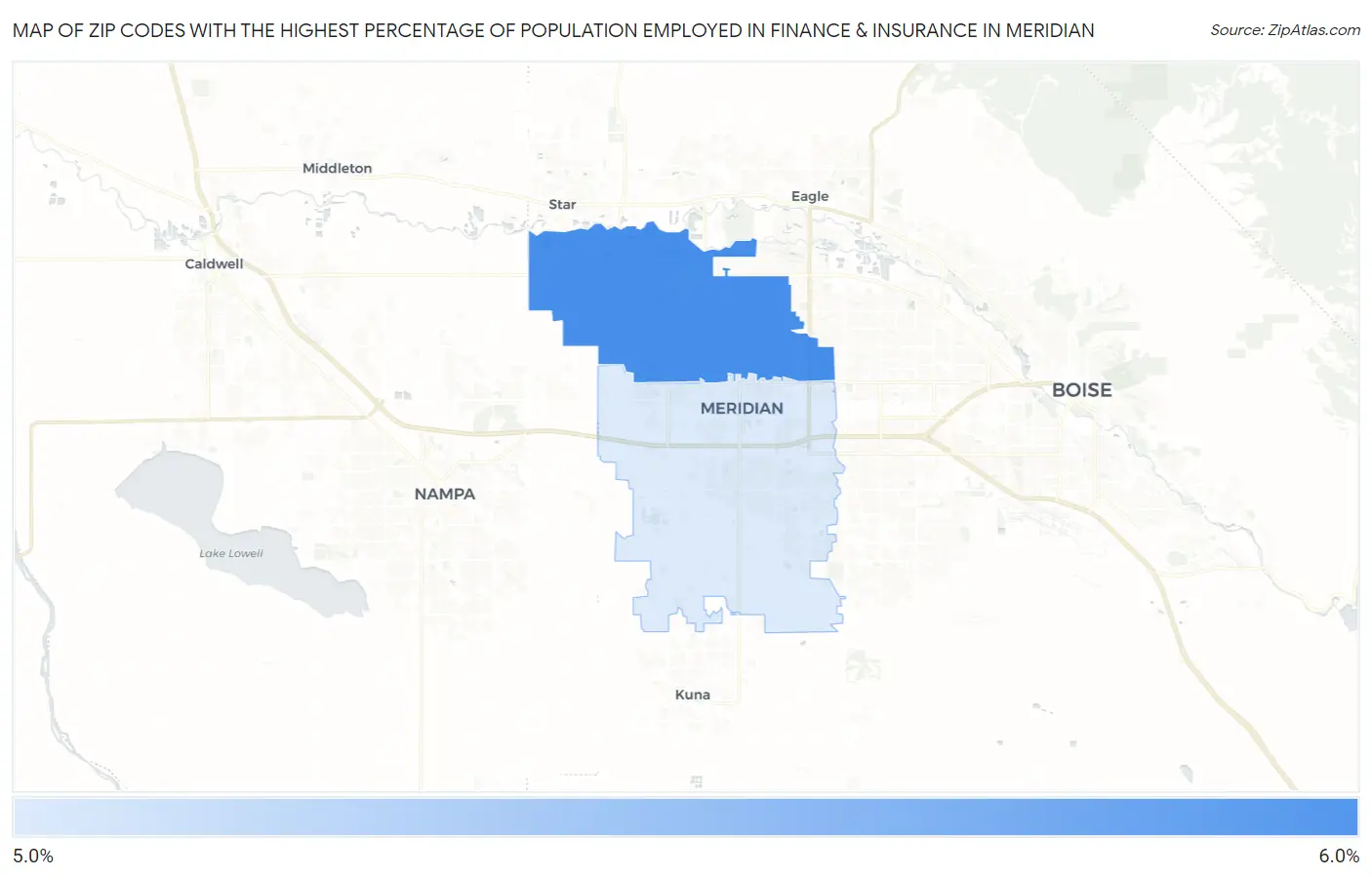 Zip Codes with the Highest Percentage of Population Employed in Finance & Insurance in Meridian Map