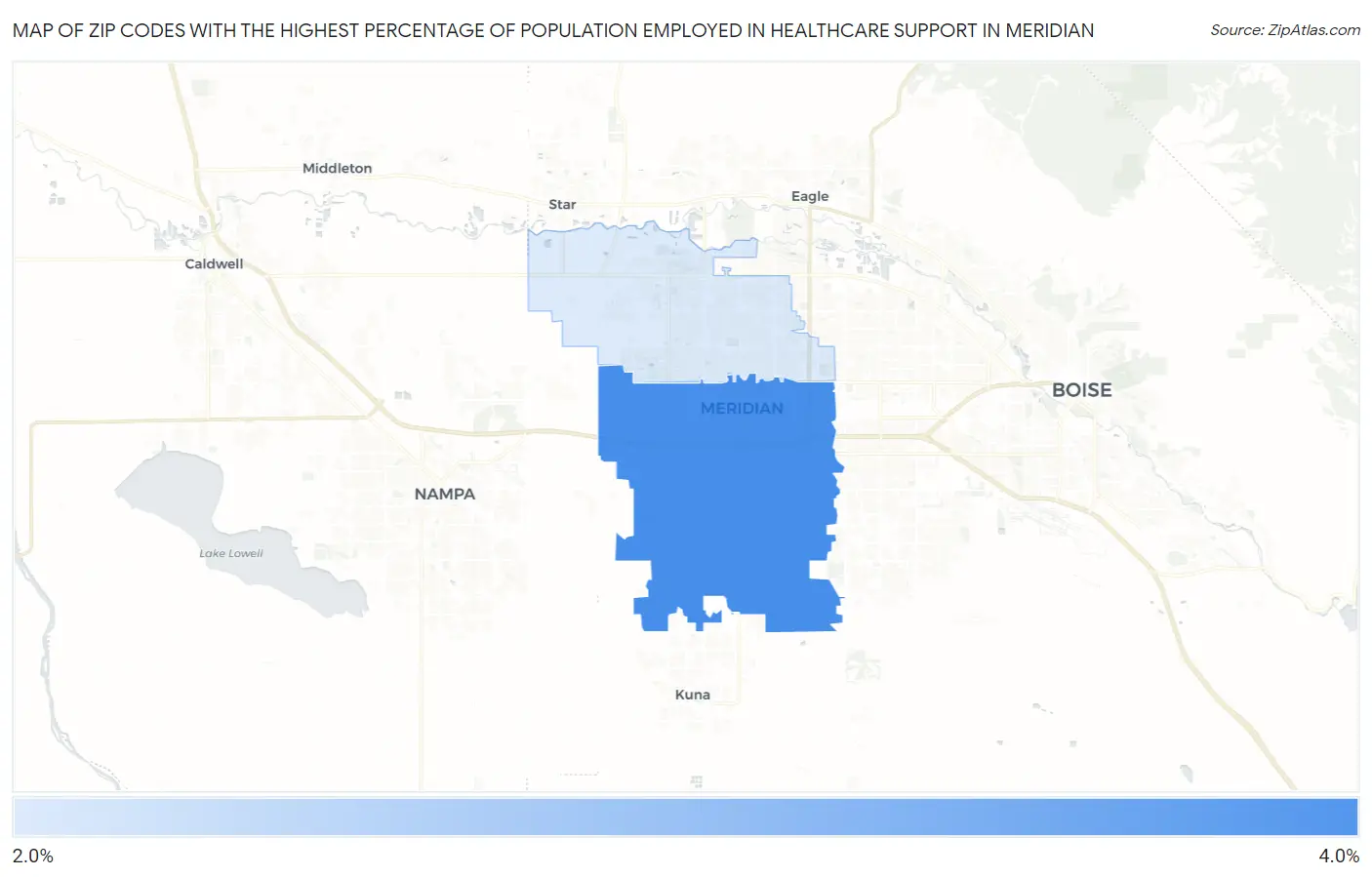 Zip Codes with the Highest Percentage of Population Employed in Healthcare Support in Meridian Map
