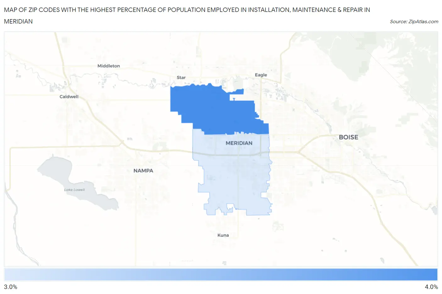 Zip Codes with the Highest Percentage of Population Employed in Installation, Maintenance & Repair in Meridian Map