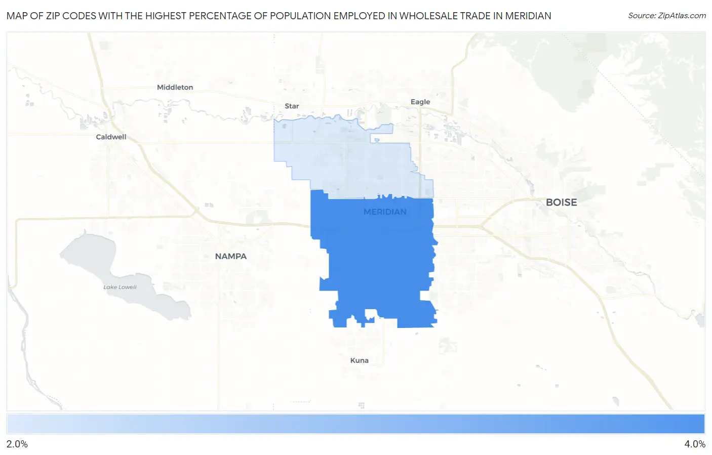 Zip Codes with the Highest Percentage of Population Employed in Wholesale Trade in Meridian Map