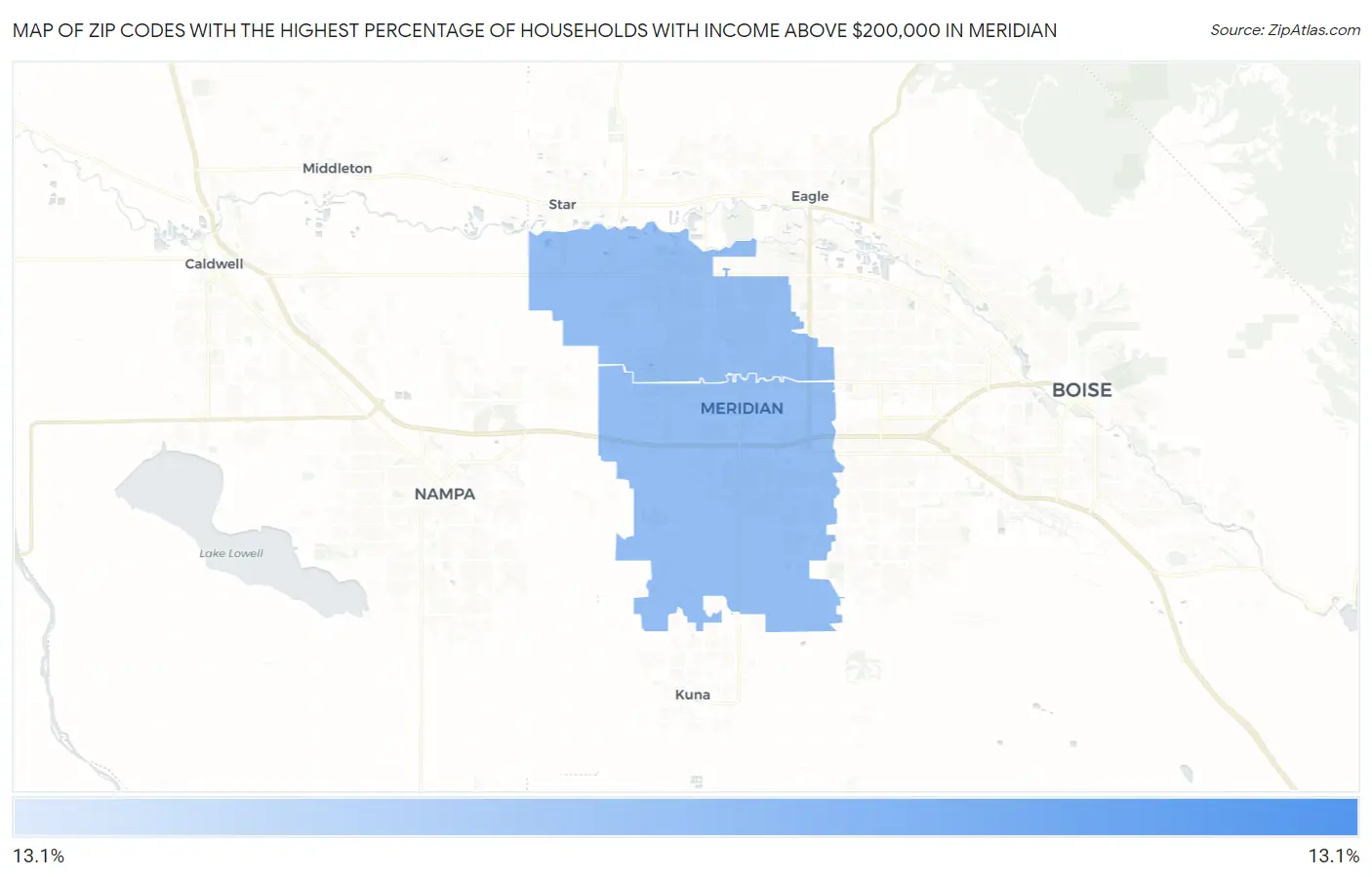 Zip Codes with the Highest Percentage of Households with Income Above $200,000 in Meridian Map