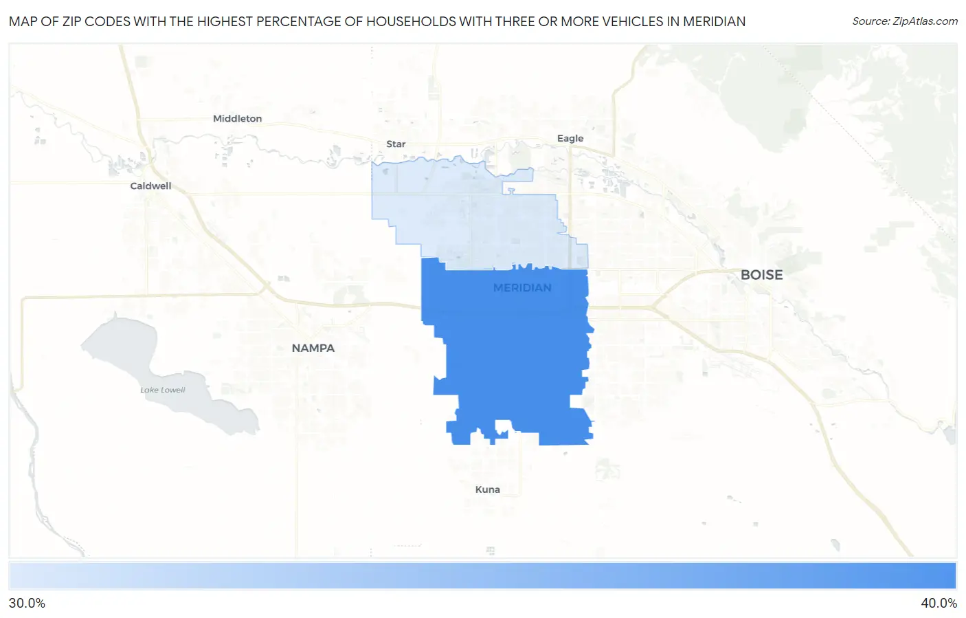 Zip Codes with the Highest Percentage of Households With Three or more Vehicles in Meridian Map