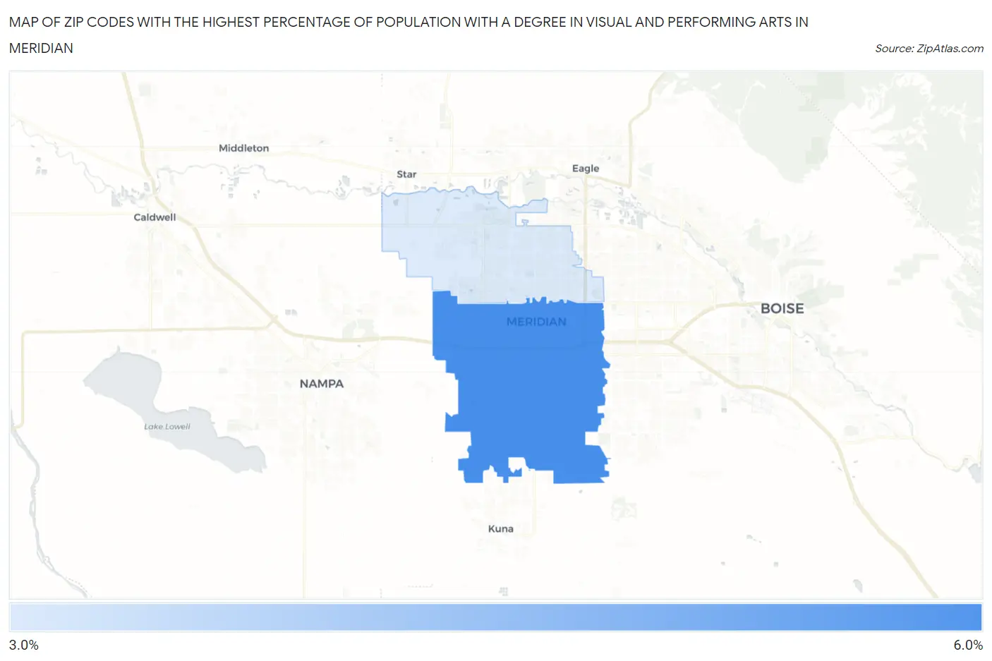 Zip Codes with the Highest Percentage of Population with a Degree in Visual and Performing Arts in Meridian Map