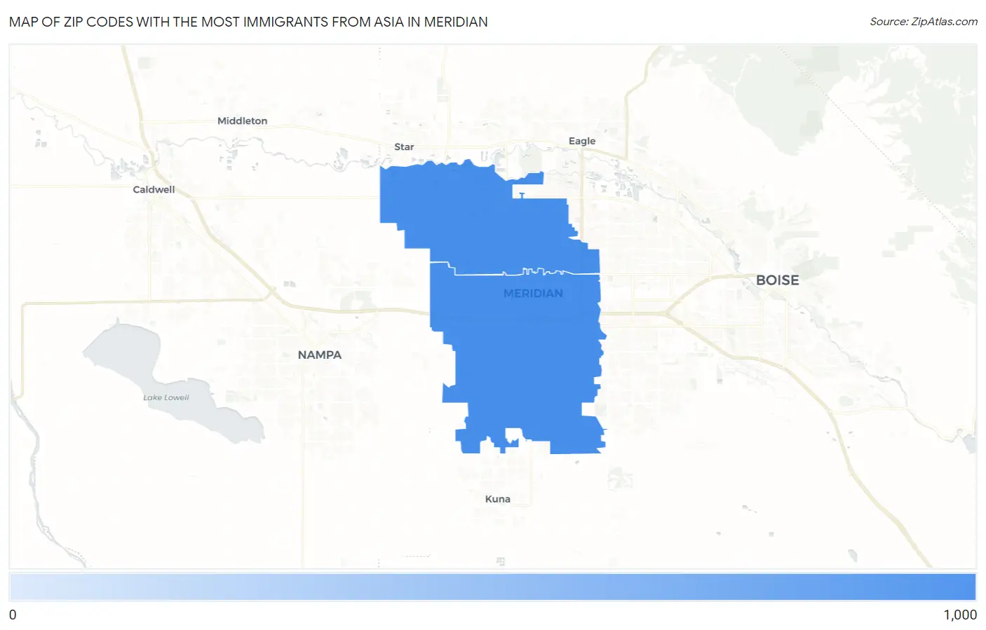 Zip Codes with the Most Immigrants from Asia in Meridian Map