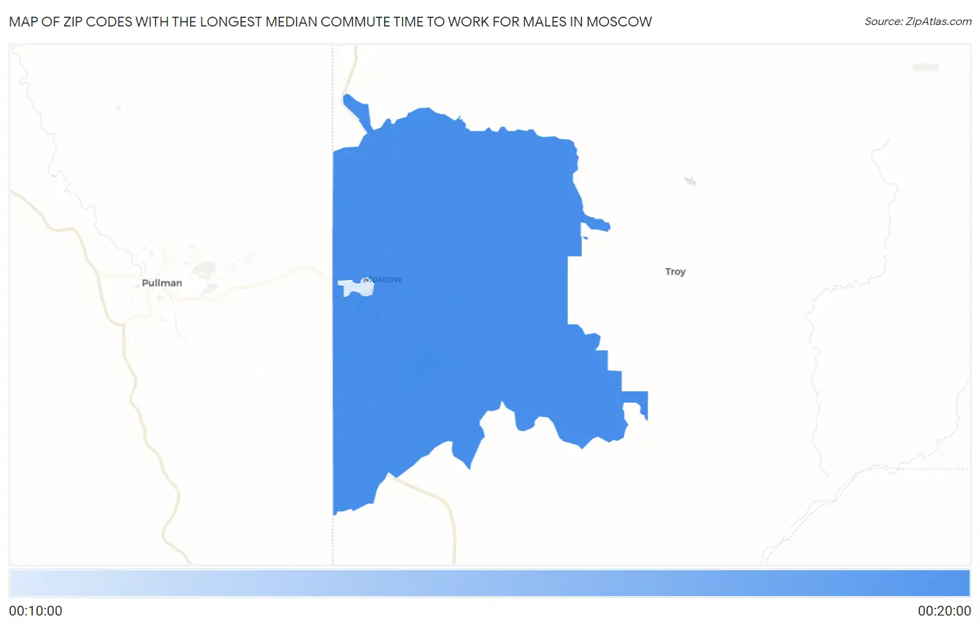 Zip Codes with the Longest Median Commute Time to Work for Males in Moscow Map