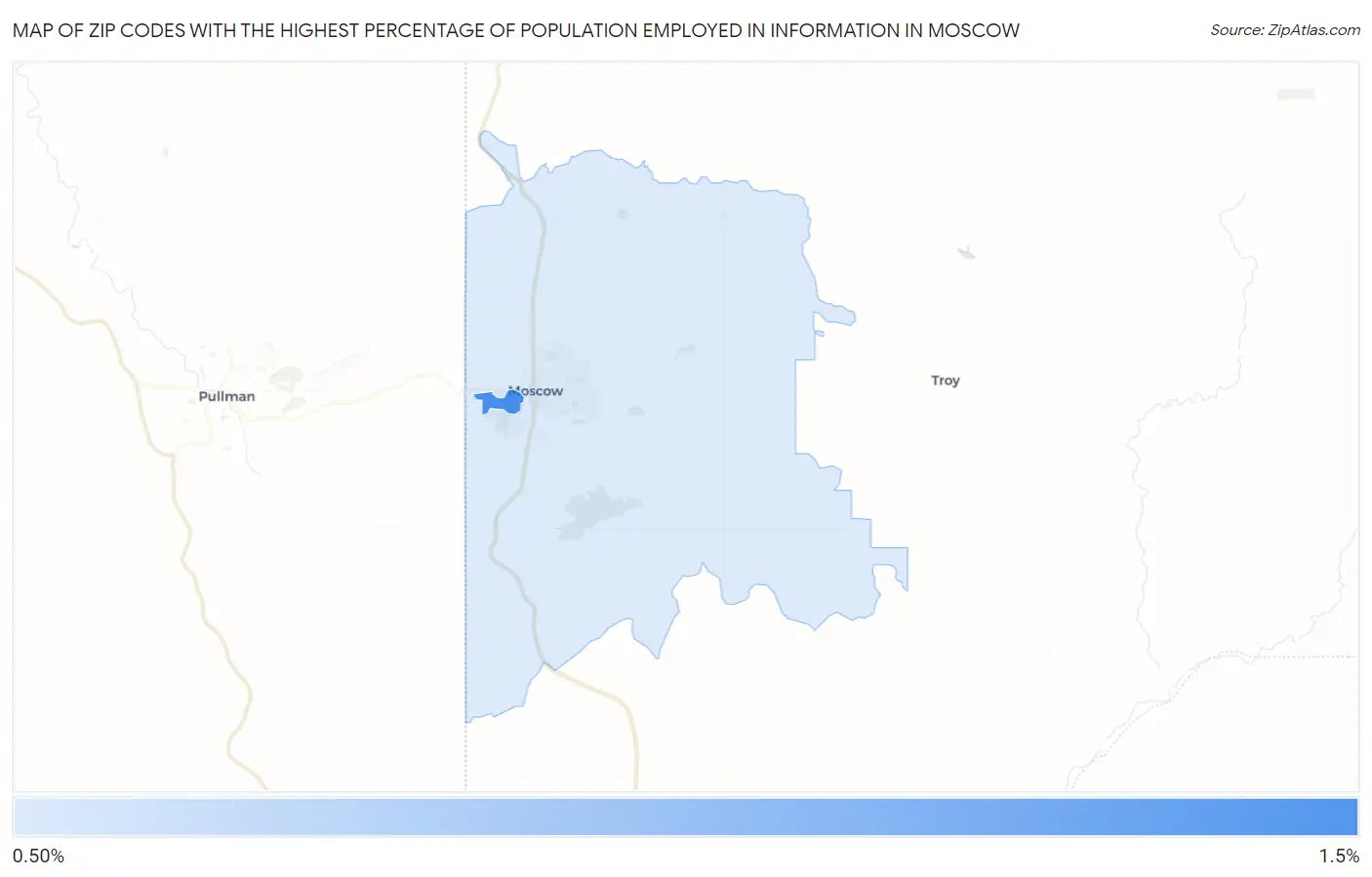 Zip Codes with the Highest Percentage of Population Employed in Information in Moscow Map