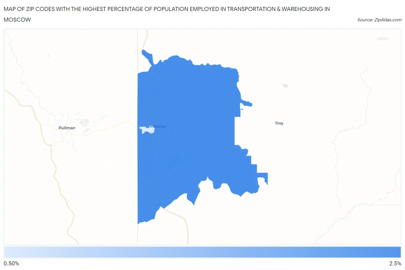 Zip Codes with the Highest Percentage of Population Employed in Transportation & Warehousing in Moscow Map