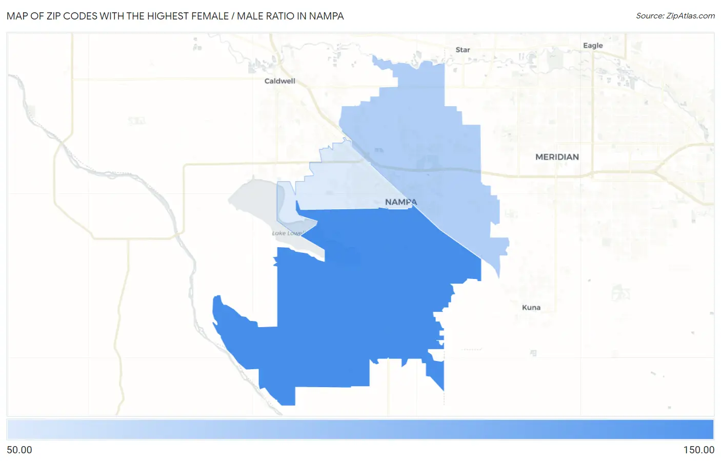 Zip Codes with the Highest Female / Male Ratio in Nampa Map