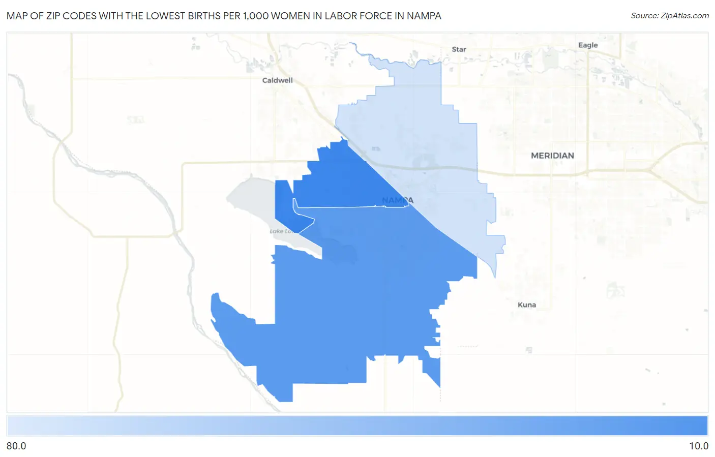 Zip Codes with the Lowest Births per 1,000 Women in Labor Force in Nampa Map