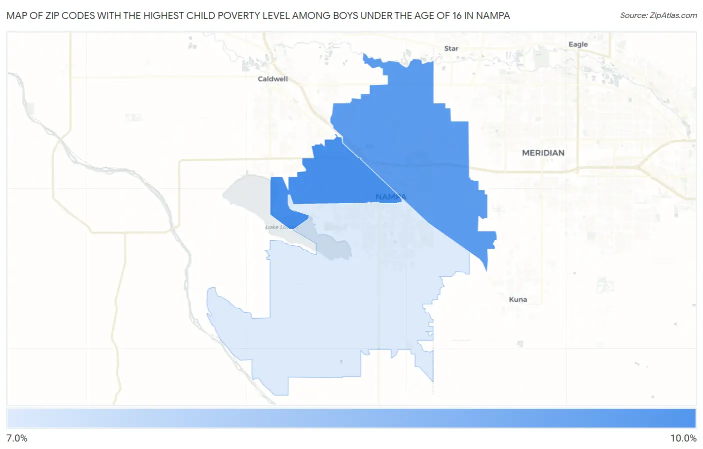 Zip Codes with the Highest Child Poverty Level Among Boys Under the Age of 16 in Nampa Map