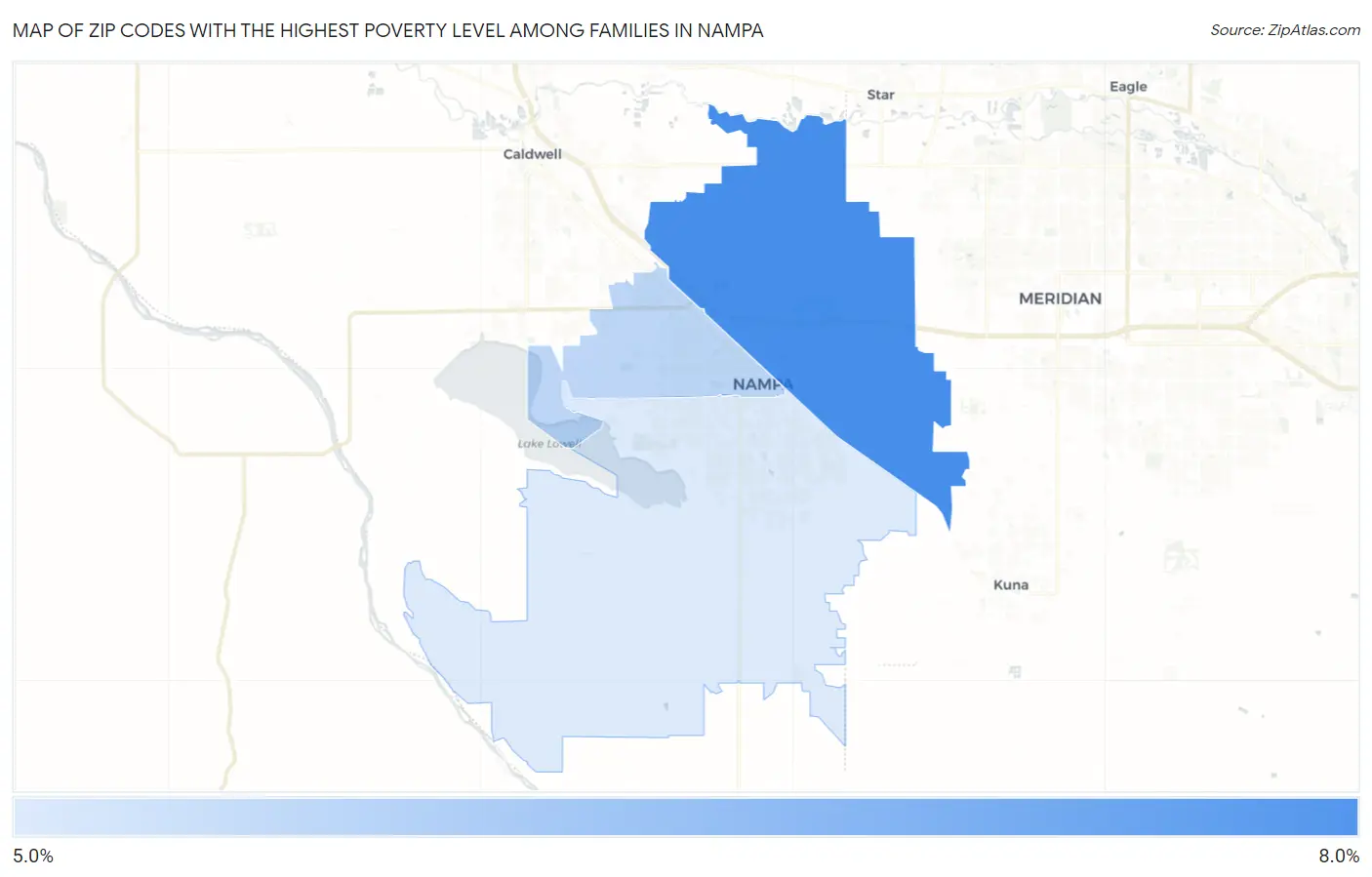 Zip Codes with the Highest Poverty Level Among Families in Nampa Map