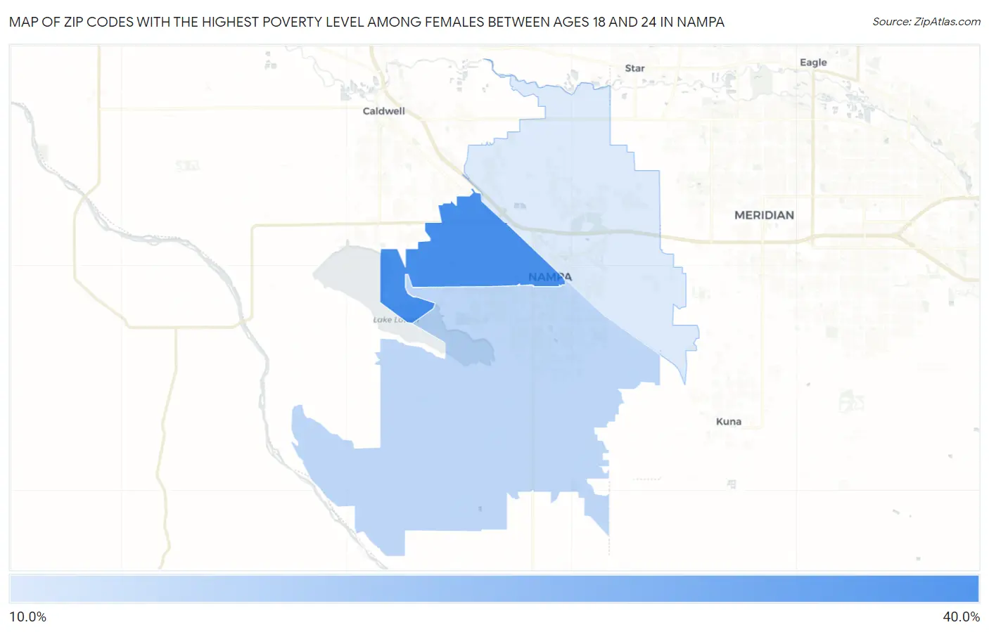 Zip Codes with the Highest Poverty Level Among Females Between Ages 18 and 24 in Nampa Map